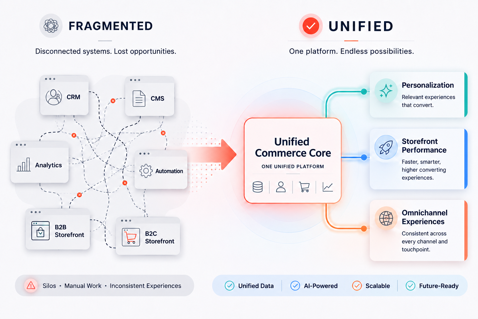 Infographic showing fragmented commerce systems flowing into a unified commerce core and connected customer experiences