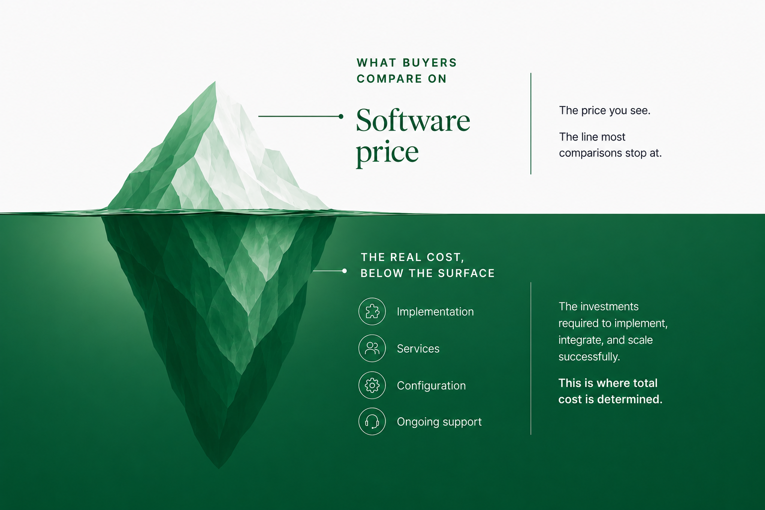 Graphic showing that buyers often compare software price, while the broader total cost includes implementation, services, configuration, and ongoing support.